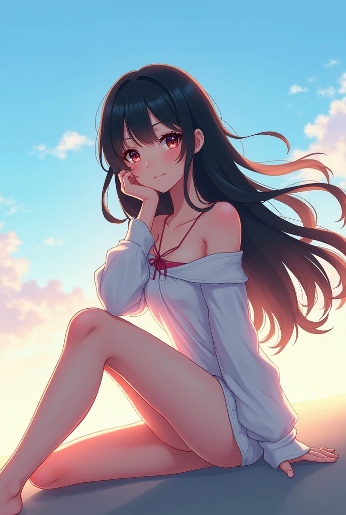 anime girl, sitting, sitting on ground, face resting on only one hand, anime artstyle, hair flowing in wind, realistic, morning lighting, fluffy hair, happy expression, seductive look, posing for camera, magazine cover, vogue, album cover, clean, simple, portrait shot, one hand on face, black hair, hololive, blue sky