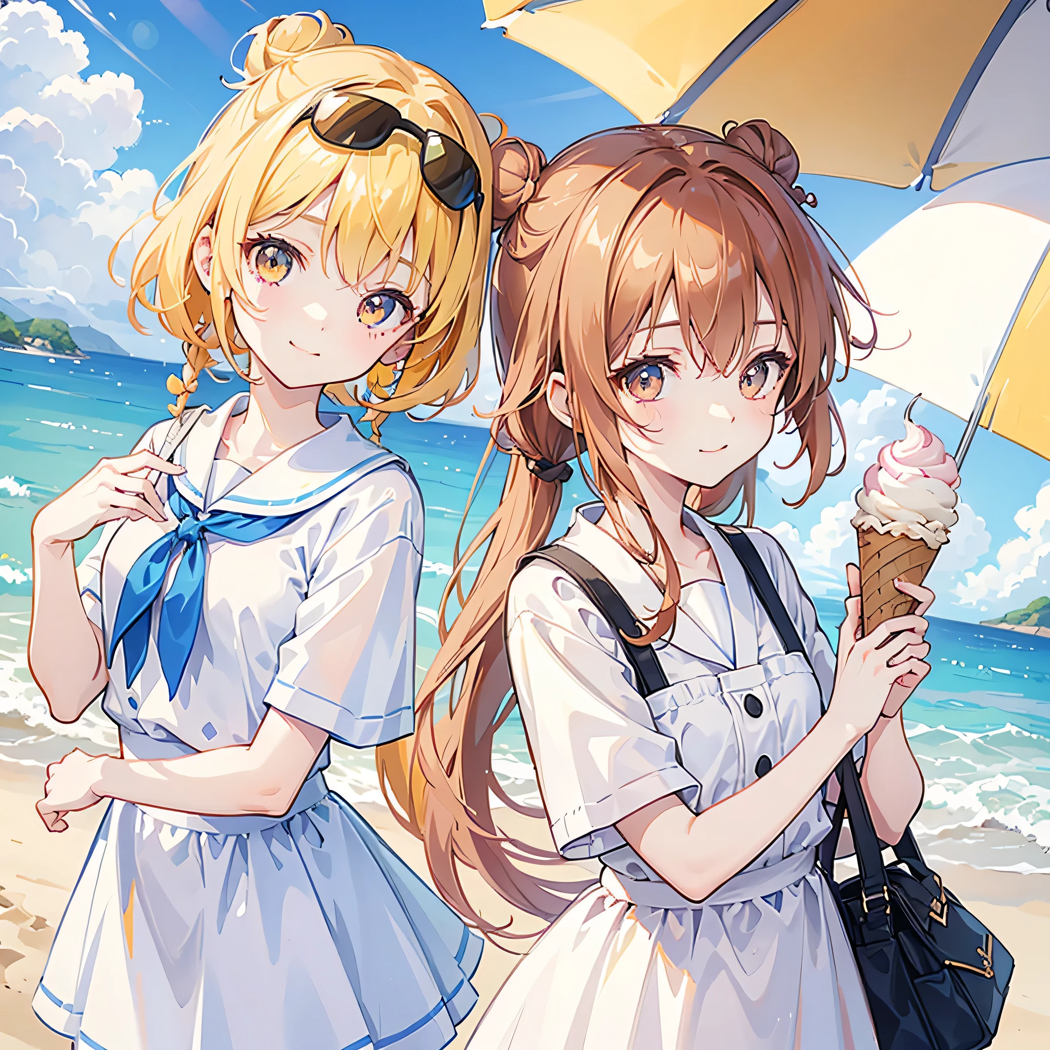 kawaii, anime, Cute, hyper quality, highly detailed, 8k, Clarity, Draw facial expressions in detail, reddish brown eyes, yellow hair, twin bun knot, highlight on eyes, put a sun visor on your head, draw the whole body, beach, have ice cream, light shines, The expression is smiling, Background with blue sky, The appearance of an ice cream shop clerk, There is a stall, upward glance, 	