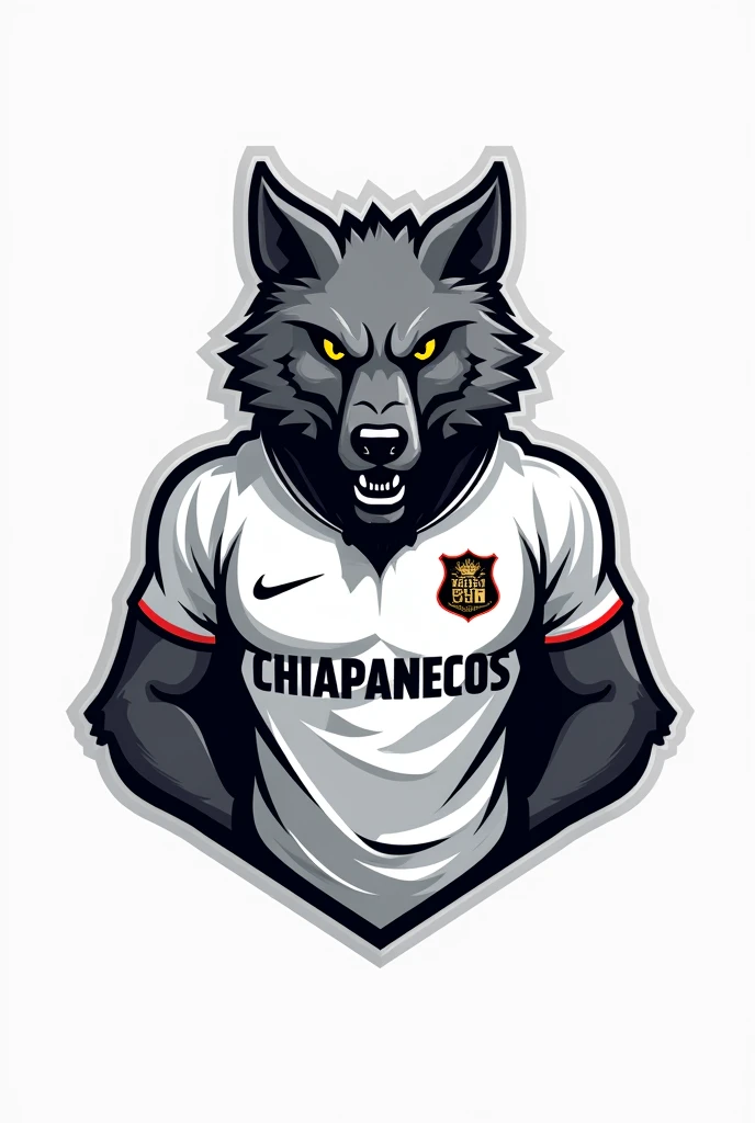 Logo for a football team called Chiapanecos F.C with a wolf in a white shirt