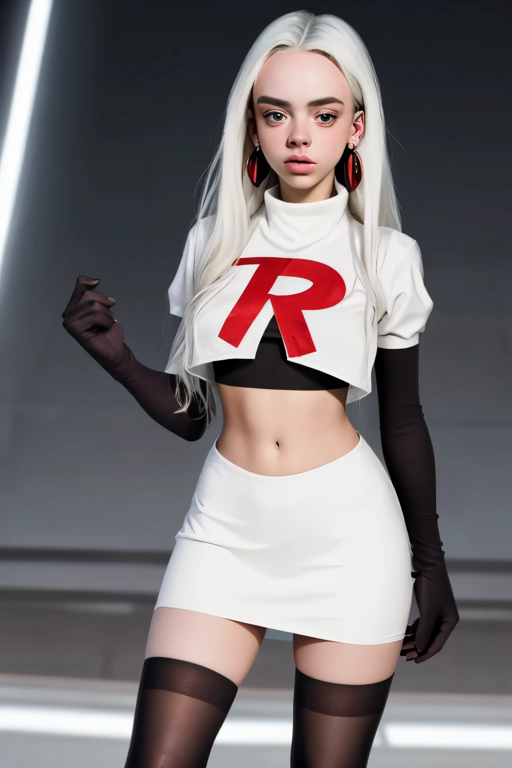 The face of billie eilish, 1girl, solo, team rocket,team rocket uniform,white skirt,red letter R,crop top,black thigh-highs,black elbow gloves, earrings, large breasts,