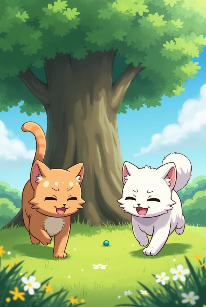 Moti brown cat band Sona white Playing Together: A joyful scene of Moti and Sona running around a tree or chasing a small ball, both with happy, playful expressions.