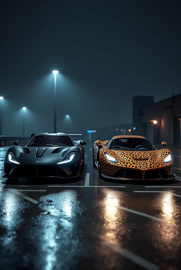 A highly realistic image of two supercars viewed from the front, parked side by side in a dimly lit parking lot at night. Both cars have their headlights on, illuminating the area in front of them. The first car on the left is a sleek, matte black vehicle with an aggressive, modern design. The second car on the right has a striking leopard print exterior, bold and eye-catching. The parking lot has typical features like marked parking spaces, and there are faint reflections on the wet asphalt from the cars' lights