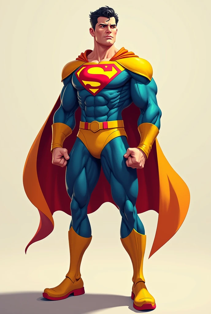 Design a 2D stylized superhero character inspired by Superman, embodying strength, confidence, and a modern aesthetic. The character should wear a suit with a vibrant color combination of yellow, blue, and red. Incorporate the BSC, TRX, and TON logos prominently on the chest, seamlessly integrated into the design, with each logo clearly visible and balanced. The suit should have a sleek, polished look with dynamic lines, reflecting the heroic and powerful nature of the character in a 2D art style.