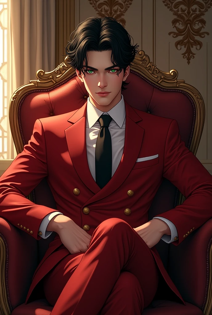 (Manhwa:3.2) Black Hair, Green Eyes, Handsome Face Red Suit, Black Tie, Royal Room Background, Sitting in a chair,