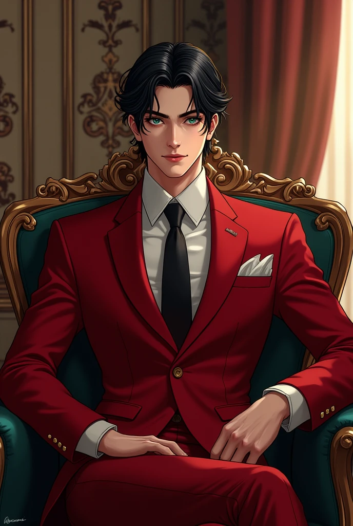 (Manhwa:3.2) Black Hair, Green Eyes, Handsome Face Red Suit, Black Tie, Royal Room Background, Sitting in a chair,