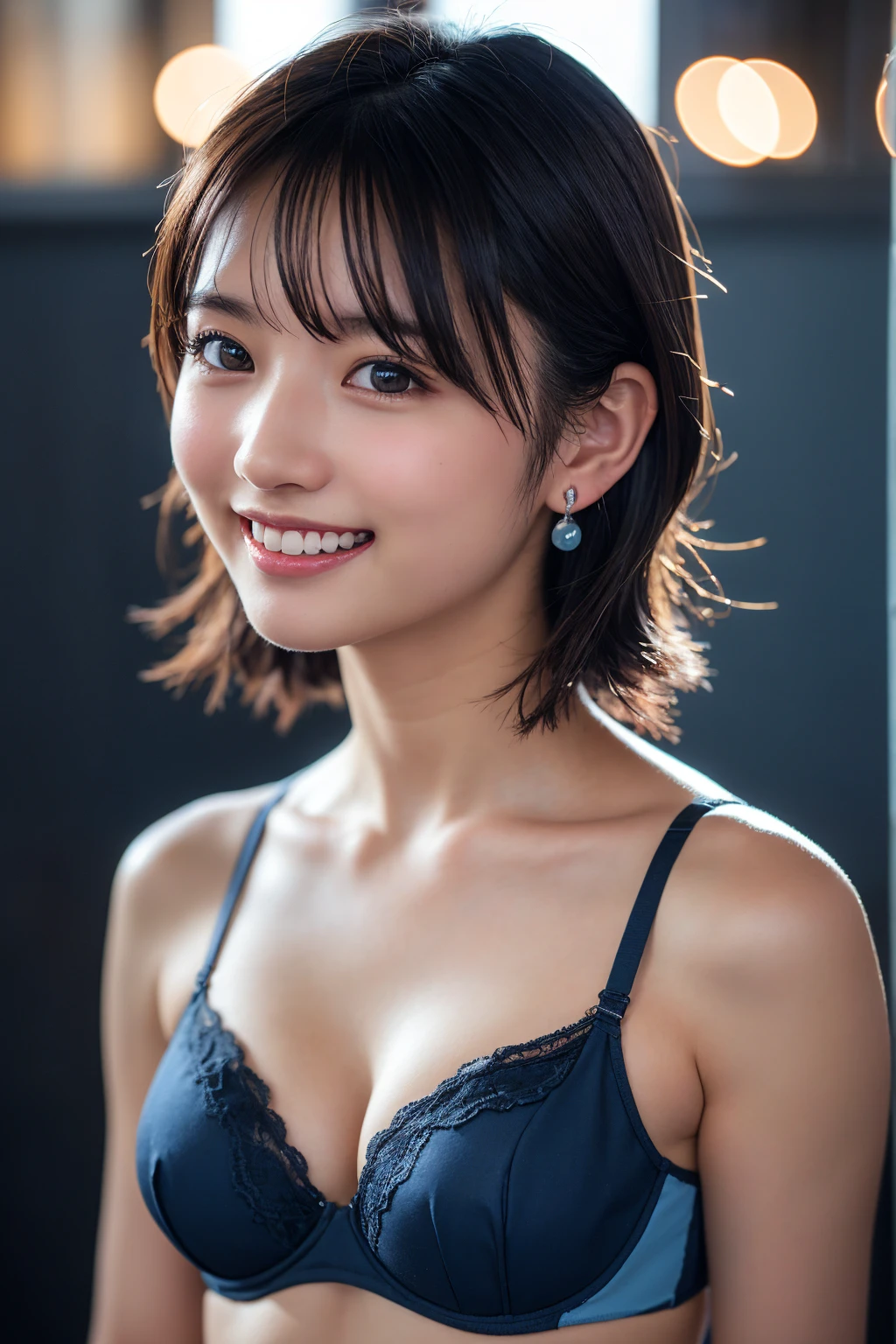 (8k, RAW Photos,Highest quality, High resolution:1.1), (Ultra-realistic:1.4),(Realistic:1.4), Realistic Face,Realistic Body,Realistic Skin,masterpiece,(cute:1.8), Japanese, ((Sexy Sky Blue Bra)), Upper Body, Beautiful dark eyes,Innocent eyes,Cinema Lighting,Film Grain,jewelry,Earrings,((Medium Hair:1.1)),Cherry colored lips,Hair Ribbon,ponytail,Audience,Long Hair,,Open your lips,Upper teeth, (Smiling Eyes:0.6),((Grin:1.3)),Blurred Background, Eye focus , Bokeh,young, 85mm lens, Photon Mapping,Radio City,