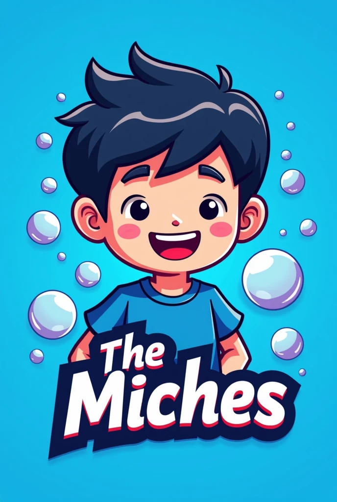 Create me a mascot logo with a blue background and bubbles where the mascot is a happy gamer boy with black hair and below it has the letters "THE MICHES"