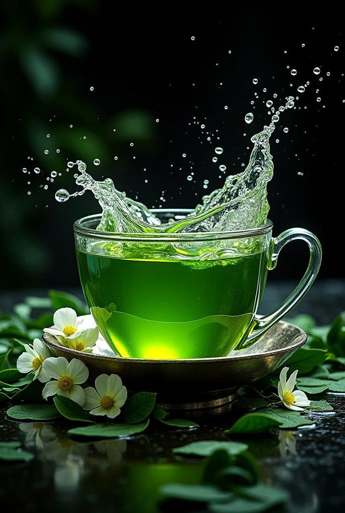 Product Design，（Green tea seen from above:1.5），Drinks from the sky，Clear green tea，Silver edge bowl，Transparency、Sense of luxury，A spectacular water splash，Black background，Surrounded by leaves and flowers，Leaves flutter，The water surface splashes violently，steampunk
