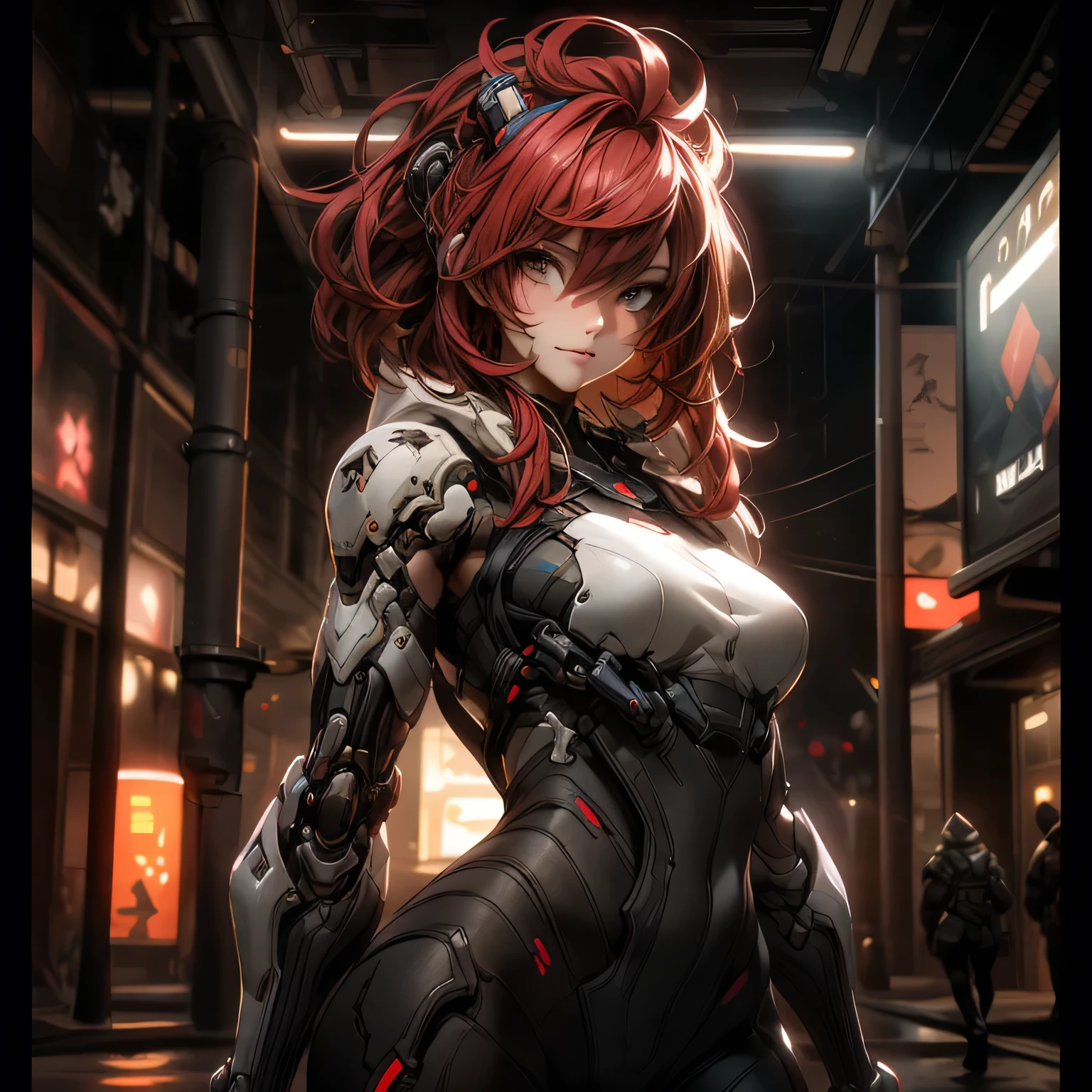 ((best quality)), ((Masterpiece)), (details:1.4), 3d, Image of a beautiful cyberpunk woman., HDR (high dynamic range), mature woman, Hips up, Curtain Bangs, Red hair, white eyes, battle suit, intricate mechanical techwear armor, PBR surface, After processing, Anisotropic filtration,depth of field, Maximum clarity and clarity, multi-layered surface, perfect proportions, 8K raw files, cyberpunk, at night, ผมหลายชั้น, กระโปรงสั้น, natural lighting, soft lighting, sunlight, หน้าอกใหญ่,