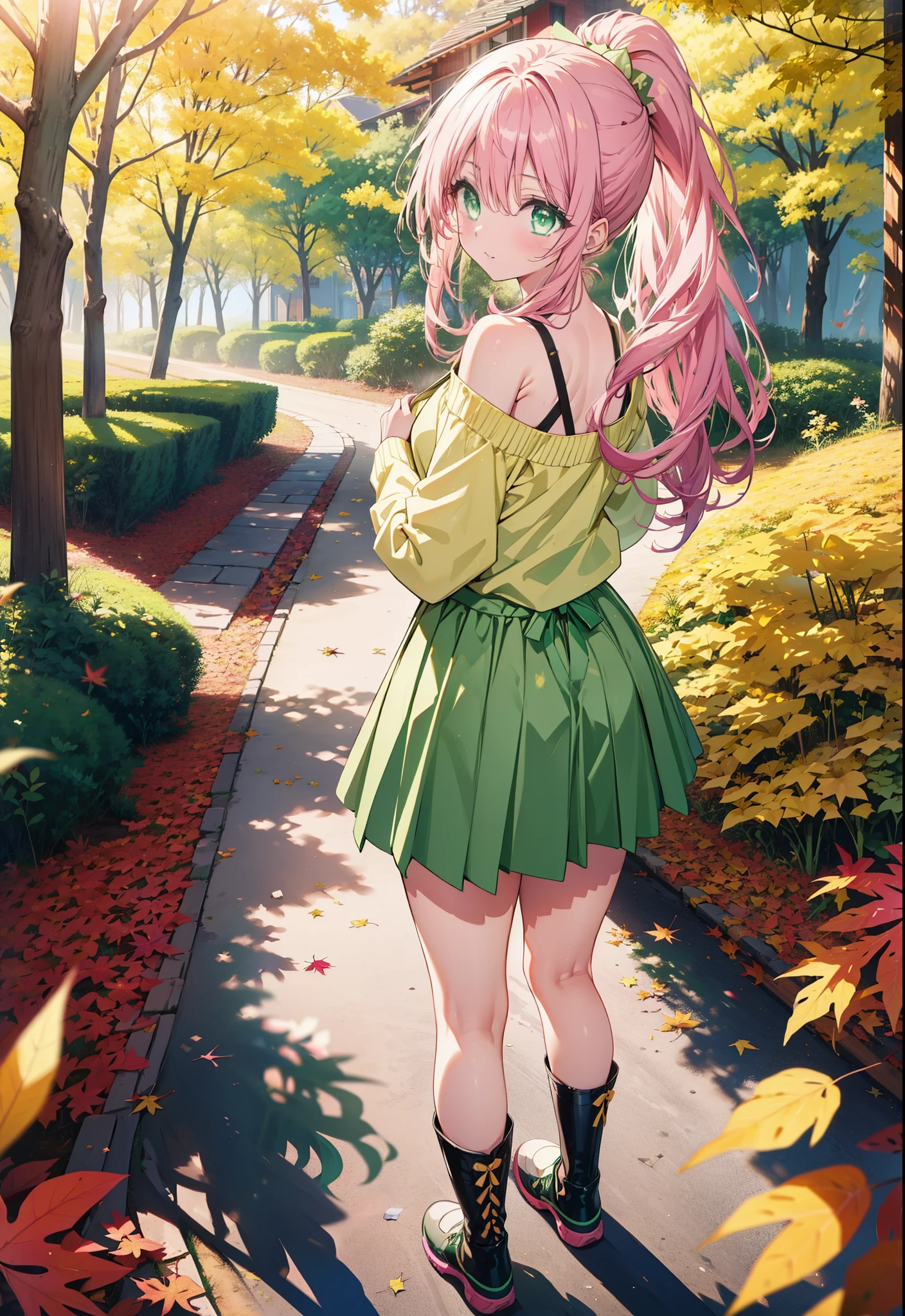 Laladevi Luke, Lara Deviluke, Long Hair, Pink Hair, tail, Ahoge, bangs, hair ornaments, (Green Eyes:1.5), smile,Open your mouth,ponytail,Open your mouth,blush,
break demon tail, One-shoulder sweater,mini skirt,black tights, short boots,autumn leaves,autumn leavesが散っている,autumn leavesが積もっている,Daytime,Clear skies,whole bodyがイラストに入るように,
break outdoors, forest,
break looking at viewer, whole body,
break (masterpiece:1.2), Highest quality, High resolution, unity 8k wallpaper, (figure:0.8), (beautiful detailed eyes:1.6), extremely detailed face, Perfect lighting, extremely detailed CG, (Perfect hands, Perfect Anatomy),