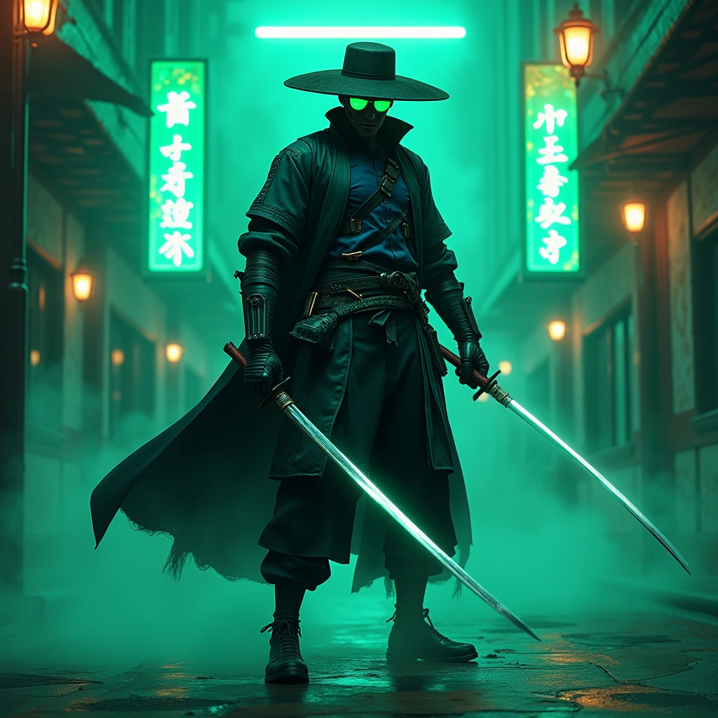 a man wearing a hat and glasses holding two swords, superhero black and blue pants, super hero cyberpunk, super cool green cyberpunk samurai, cyberpunk samurai portrait, cyberpunk wild west, samurai neon, anime badass 8 k, anime cyberpunk 8 k, cyberpunk dark fantasy art, steam and cyberpunk, highly detailed 4k digital art, highly detailed 4k digital art, cyberpunk art style, cyberpunk hero, cyberpunk killer, super hyper realistic, green glasses, dominated by Moss Green color