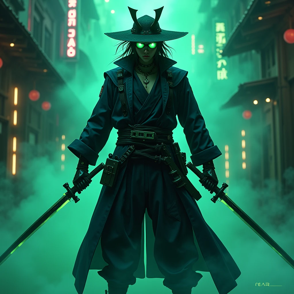 a man wearing a hat and glasses holding two swords, superhero black and blue pants, super hero cyberpunk, super cool green cyberpunk samurai, cyberpunk samurai portrait, cyberpunk wild west, samurai neon, anime badass 8 k, anime cyberpunk 8 k, cyberpunk dark fantasy art, steam and cyberpunk, highly detailed 4k digital art, highly detailed 4k digital art, cyberpunk art style, cyberpunk hero, cyberpunk killer, super hyper realistic, green glasses, dominated by Moss Green color