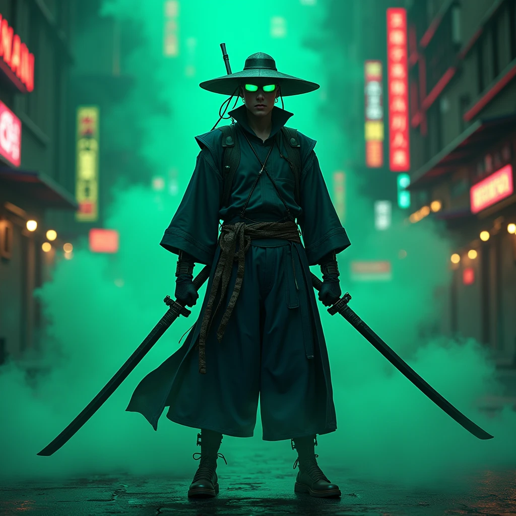 a man wearing a hat and glasses holding two swords, superhero black and blue pants, super hero cyberpunk, super cool green cyberpunk samurai, cyberpunk samurai portrait, cyberpunk wild west, samurai neon, anime badass 8 k, anime cyberpunk 8 k, cyberpunk dark fantasy art, steam and cyberpunk, highly detailed 4k digital art, highly detailed 4k digital art, cyberpunk art style, cyberpunk hero, cyberpunk killer, super hyper realistic, green glasses, dominated by Moss Green color