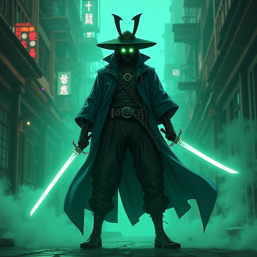 a man wearing a hat and glasses holding two swords, superhero black and blue pants, super hero cyberpunk, super cool green cyberpunk samurai, cyberpunk samurai portrait, cyberpunk wild west, samurai neon, anime badass 8 k, anime cyberpunk 8 k, cyberpunk dark fantasy art, steam and cyberpunk, highly detailed 4k digital art, highly detailed 4k digital art, cyberpunk art style, cyberpunk hero, cyberpunk killer,  super hyper realistic, green glasses, dominated by Moss Green color
