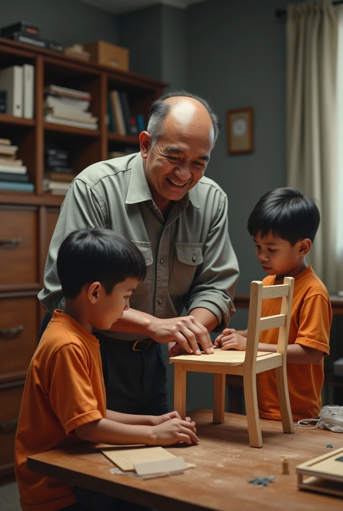 (photorealism:1.2),a young indonesian father looks simiilar to Indonesian president who is making chairs for his children,and 2 boy child is there with a government office background