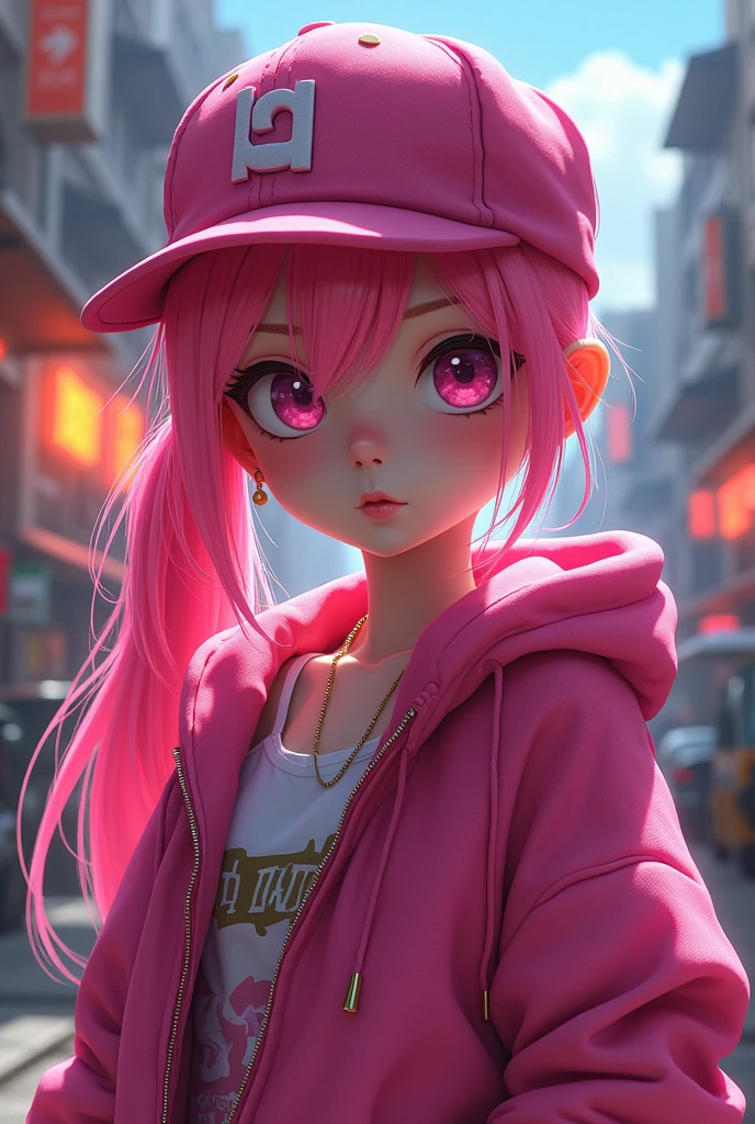 Pink single ponytail,Peaked Cap,Hip-Hop,Girl