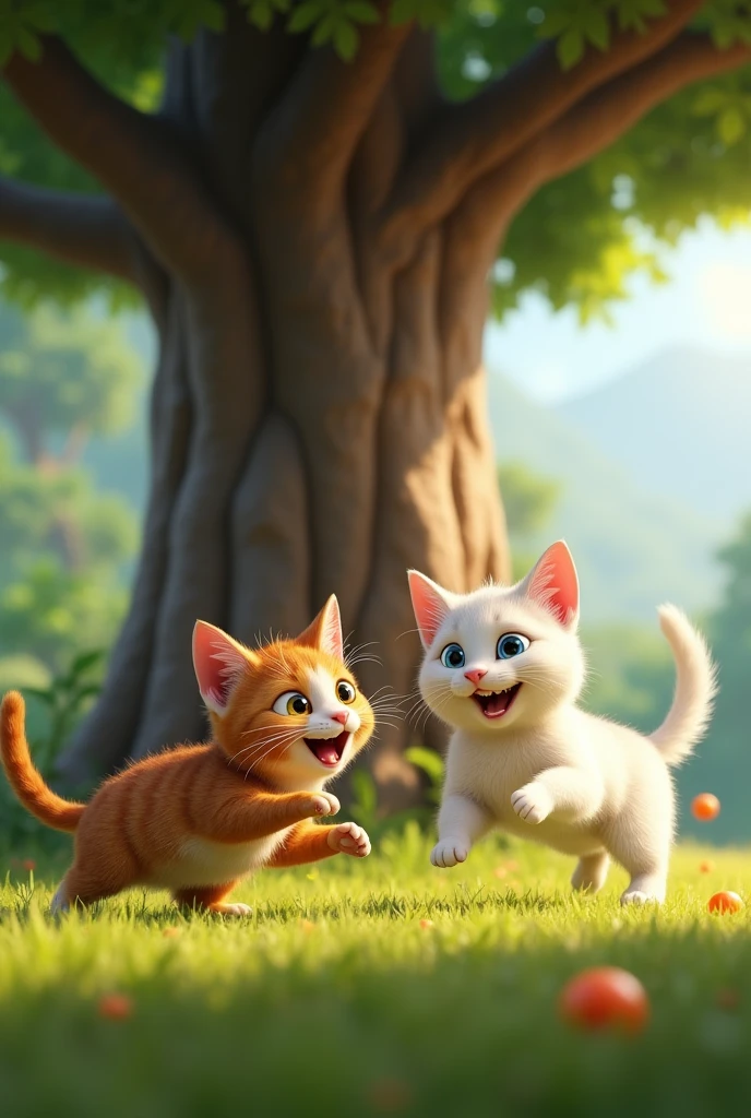 Moti brown cat band Sona white Playing Together: A joyful scene of Moti and Sona running around a tree or chasing a small ball, both with happy, playful expressions. Pixar style