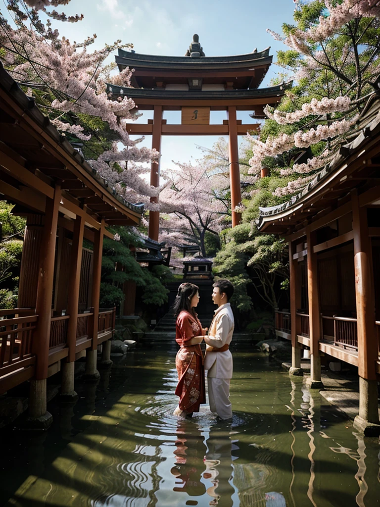 Foto shoot Indonesian couple in traditional dress standing in water with cherry blossoms, kyoto inspired, japan travel aesthetic, inspired by Torii Kiyomitsu, japaneese style, inspired by Torii Kiyomasu, inspired by Itō Jakuchū, japanese style, inspired by Torii Kiyomasu II, japanic style, japanese art style, fotography,cinematic, ultra detail,8k