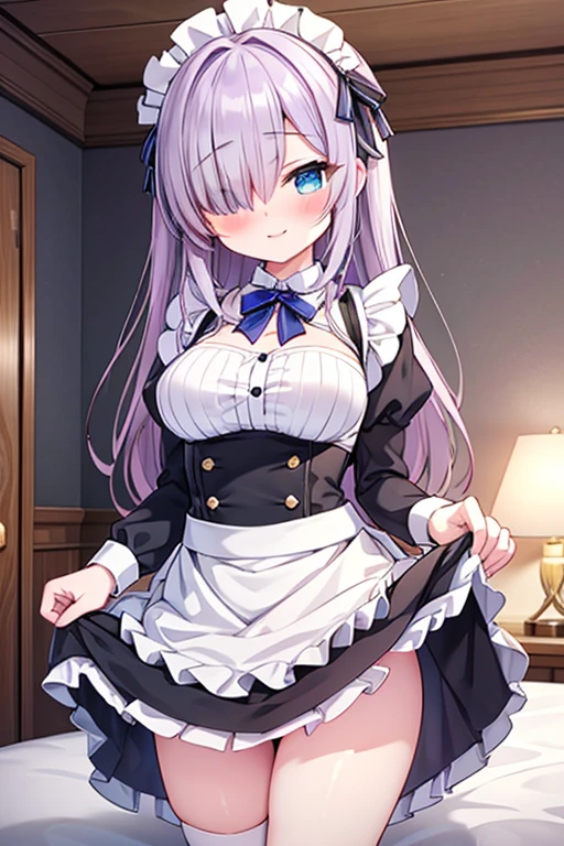 Very detailed CG Unity 8k wallpaper, Highest quality, Very detailed, masterpiece, Very detailed pretty girl, , (((Lift your skirt yourself))), (Lift your skirt yourself)), Dynamic Angle, Sexy pose, blush, Release your lips, Half Body Shot,  Hair on one eye, Immaculate beauty, Revealing maid clothes, Classical maid fashion,smile, blue eyes, A seductive smile, blushする, Heavy breathing, Steaming,On the bed