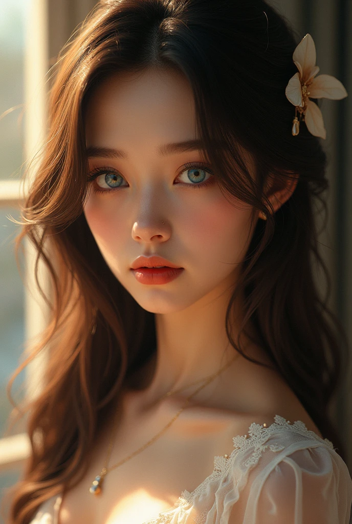 1girl, solo, long hair, elegant, beautiful detailed eyes, beautiful detailed face, beautiful detailed lips, longeyelashes, ribbon, hairclip, brown hair, bangs, blue eyes, intricate hairstyle, serene expression, high quality, 8k, best quality, photorealistic, hyperrealistic, extremely detailed, masterpiece, digital painting, ambient lighting, soft lighting, warm colors, glowing skin, volumetric lighting