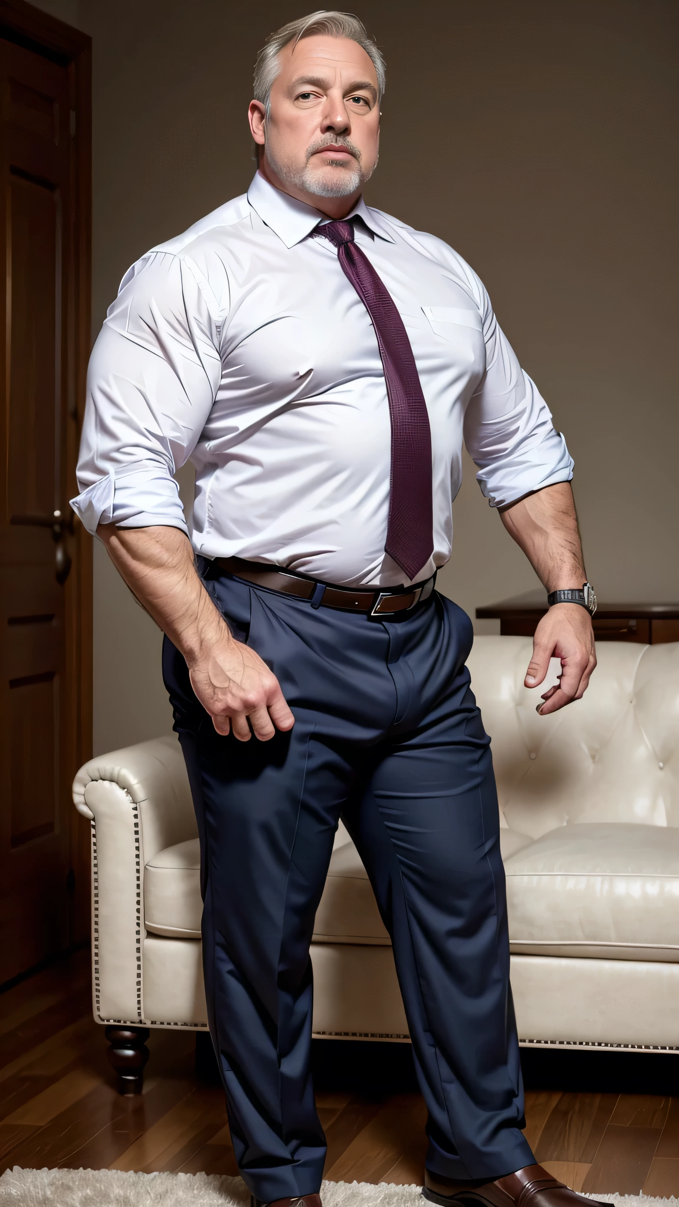 Professional photography style, age 60, white man, horny disgusting, muscular chubby, shirtless, mature daddy, Dress Pants with big hard bulge, hairy chest hard nipple, belt, loafer, Extremely realistic.