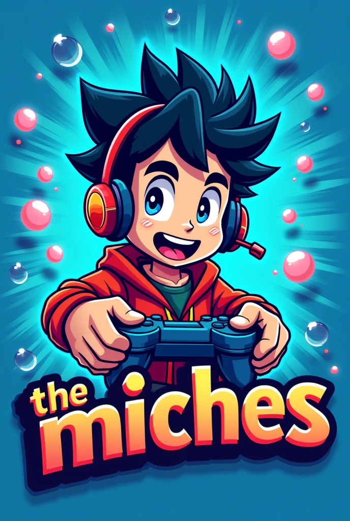 Create me a logo mascot with a blue background and bubbles where the mascot is a gamer boy with black hair and below it has the letters "THE MICHES"