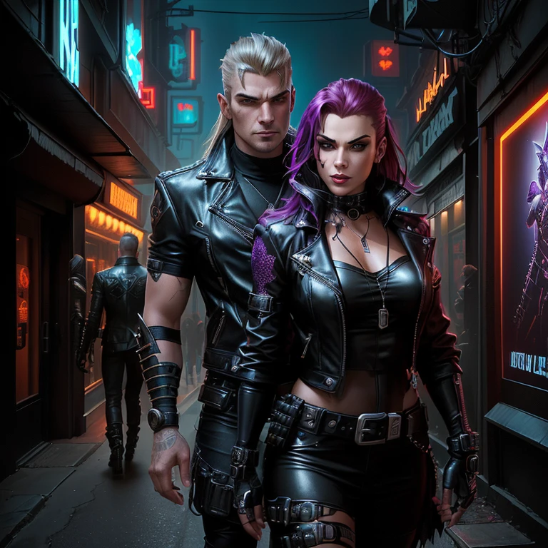 stylized image of a man and woman in leather clothing, Urban Fantasy style, advertising photo, Urban Fantasy, in cyberpunk style, photo from promo shoot, stylized Urban Fantasy artwork, Wayne England, Derek Zabrocki, by Galen Dara, Gotham City Style, threatening pose, Black Cyberpunk, Press Shot, Vampire Masquerade, advertising photo
