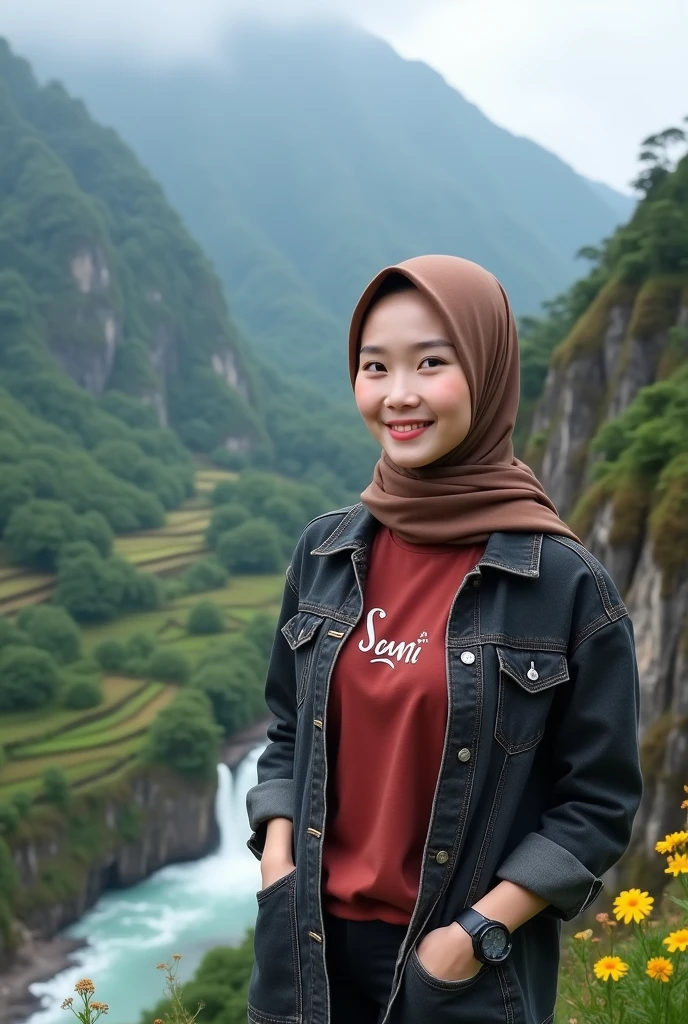 Beautiful Korean girl, smooth white skin, well-groomed face, thin smile, brown hijab, dark brown jeans jacket, red t-shirt, SANTI logo motif, brown cargo pants, cool black watch, posing, on a very high mountain peak, with a background seen from above is the river. flowing fast from the waterfall.. Trees, green and spacious rice fields, cliffs covered with moss and beautiful flowers, original photos,