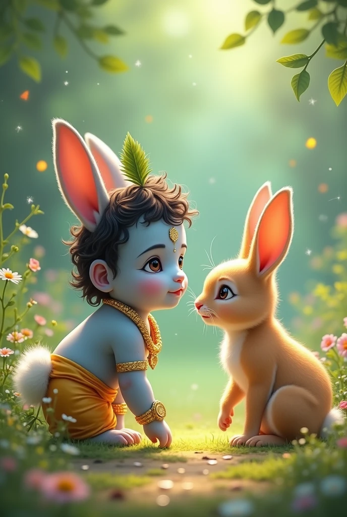 Two cute rabbits are starring at Little lord Krishna in an amused way
