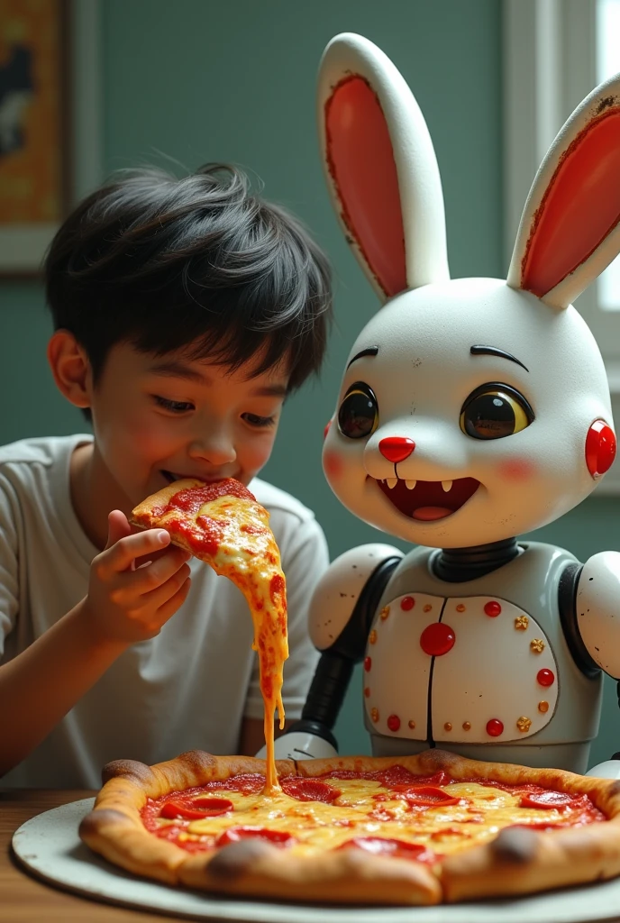 A person eating pizza while having an animatronic called LOLBIT next to him