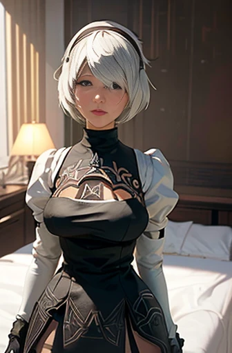 8k, ultra realistic, masterpiece, best quality, ultra detailed, beautiful face, beautiful skin, photorealistic, (professional lighting:1.2), (((nier_automata, 2B))), white hair, short hair, black_dress, black_hairband, robot_joints, android, cyborg, clothing_cutout, light smile, pearl necklace, looking at viewer, cowboy shot, focus on face, ultra sharp, on street in business district, ultra detailed photo background, (((on the bed)))