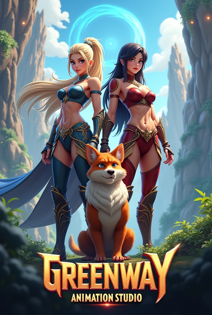 4k,Create 3d poster ,2 3d girl,warrior boy, furry character, add text Greenway Animation Studio 
