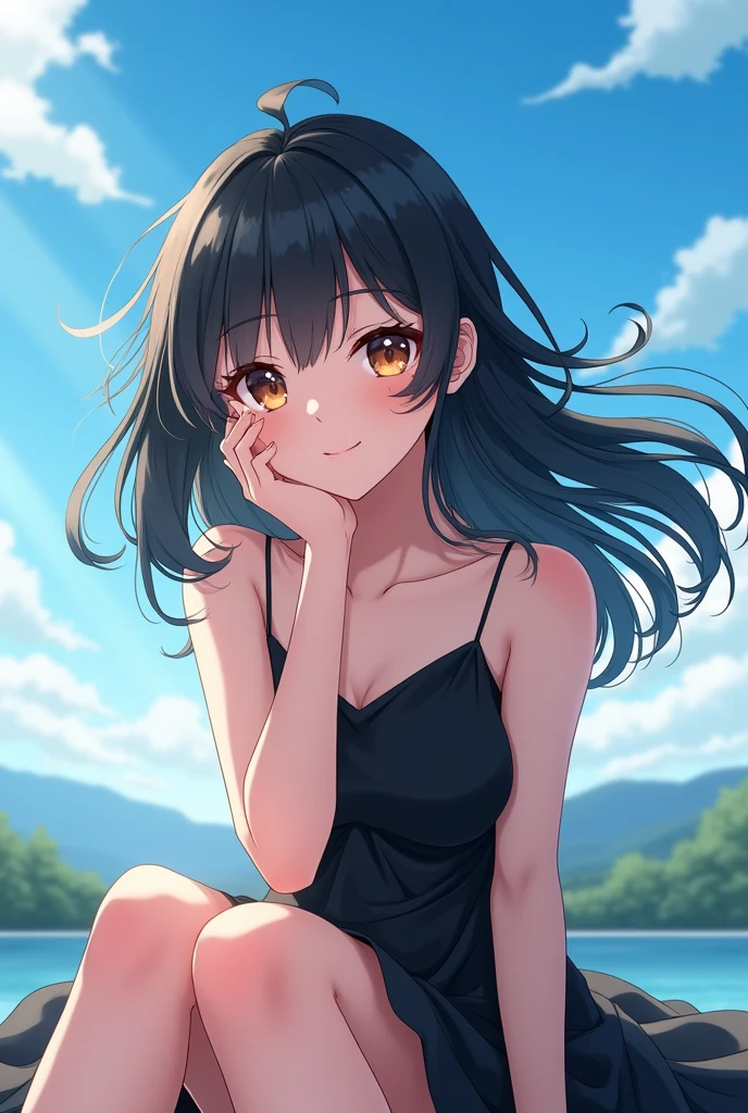 anime girl, sitting, sitting on ground, face resting on only one hand, anime artstyle, hair flowing in wind, realistic, morning lighting, fluffy hair, happy expression, seductive look, posing for camera, magazine cover, vogue, album cover, clean, simple, portrait shot, one hand on face, black hair, hololive, blue sky, black dress, full body