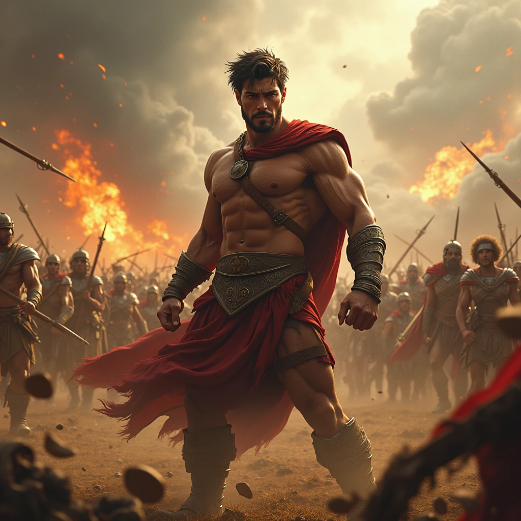 masterpiece、Highest quality、Highest quality、Detailed Description、Brave、art、Epic、One strong man、Greek Mythology、Based on the hero Hercules、An epic battle、battlefield、Sharp Eyes、4K Graphics