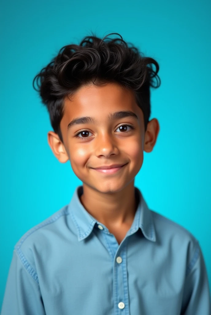 CREATE A PICTURE OF A 1 BOY FOR THEIR YEARBOOK PHOTOGRAPH, AQUAMARINE BLUE BACKGROUND, with latin features