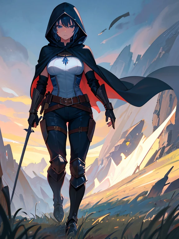 1girl, (Black straight short hair), Blue eyes, (Detailed face), adventure,Full body, ((intense Blue medieval hood cape)), medieval, (Grasslands bakcground), masterpiece, black pants, (cute face)