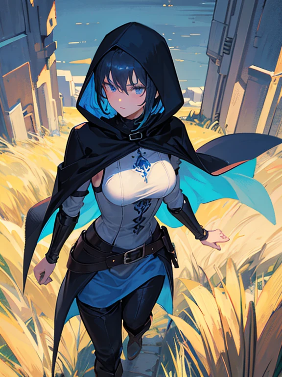 1girl, (Black straight short hair), Blue eyes, (Detailed face), adventure,Full body, ((intense Blue medieval hood cape)), medieval, (Grasslands bakcground), masterpiece, black pants, (cute face)