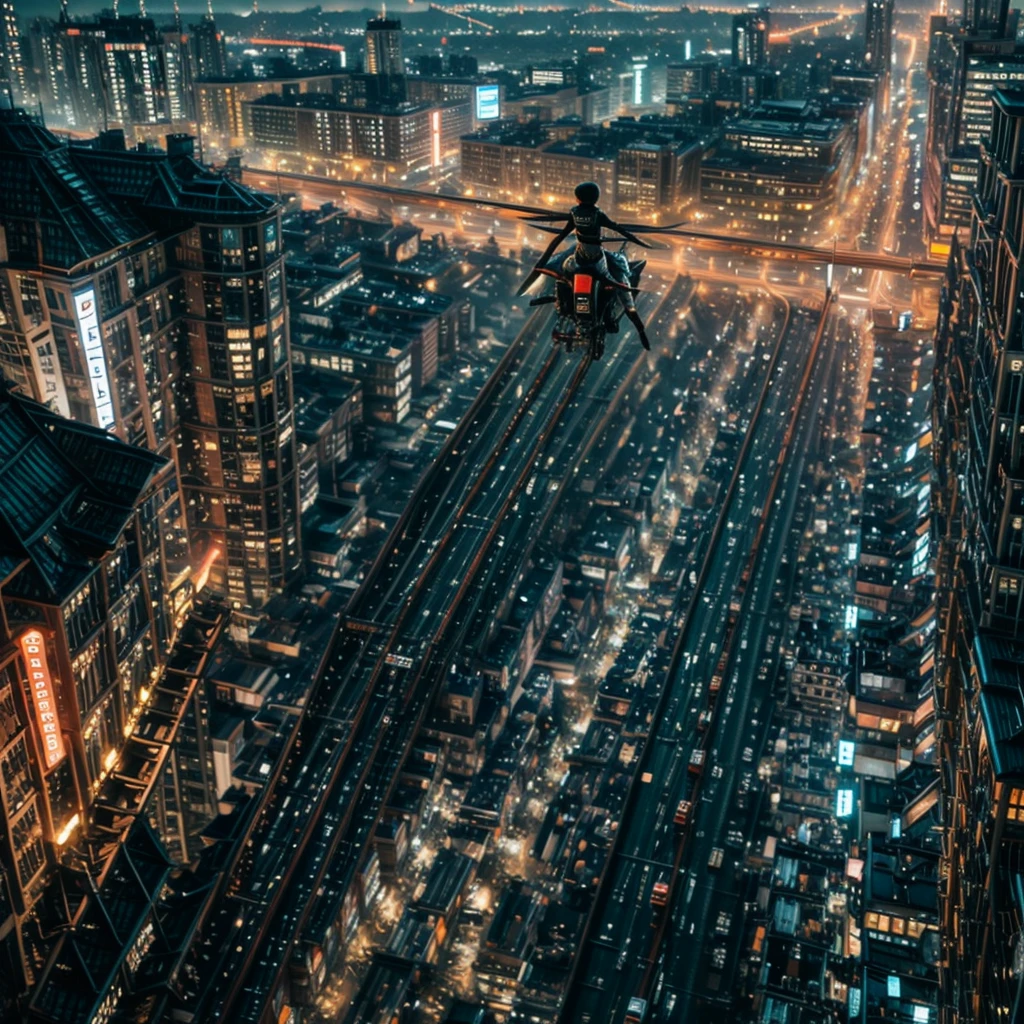 xuer flies over,  (sexy race qeen), (dramatic, gritty, intense:1.4), city, raiding, 
motor cycle, curved colorful horizon