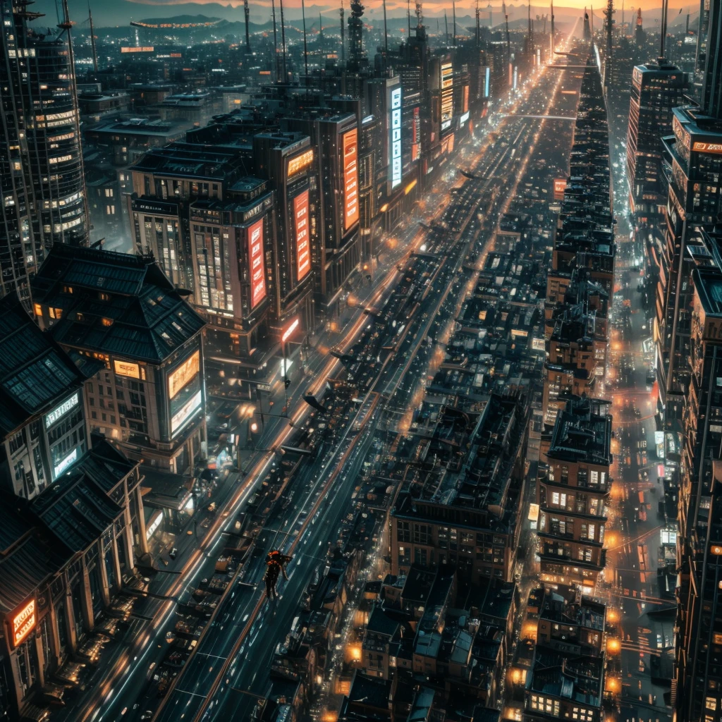 xuer flies over,  (sexy race qeen), (dramatic, gritty, intense:1.4), city, raiding, 
motor cycle, curved colorful horizon