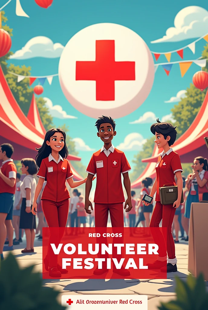 Make me a volunteer festival flyer with red cross volunteer characters
