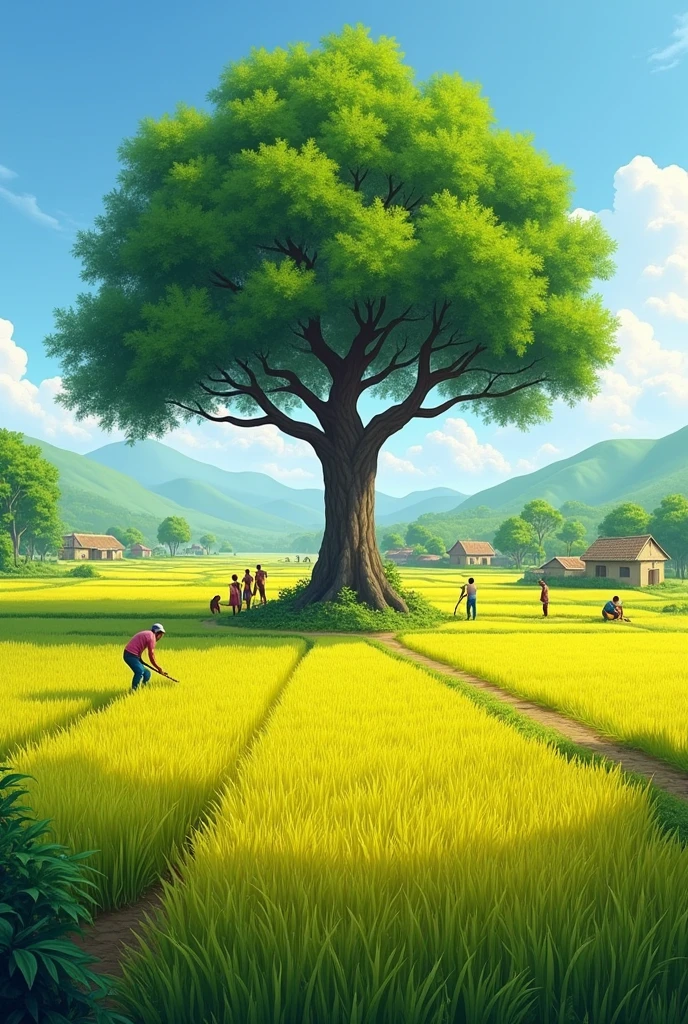 Beautiful andhra pradesh village paddy field mango tree