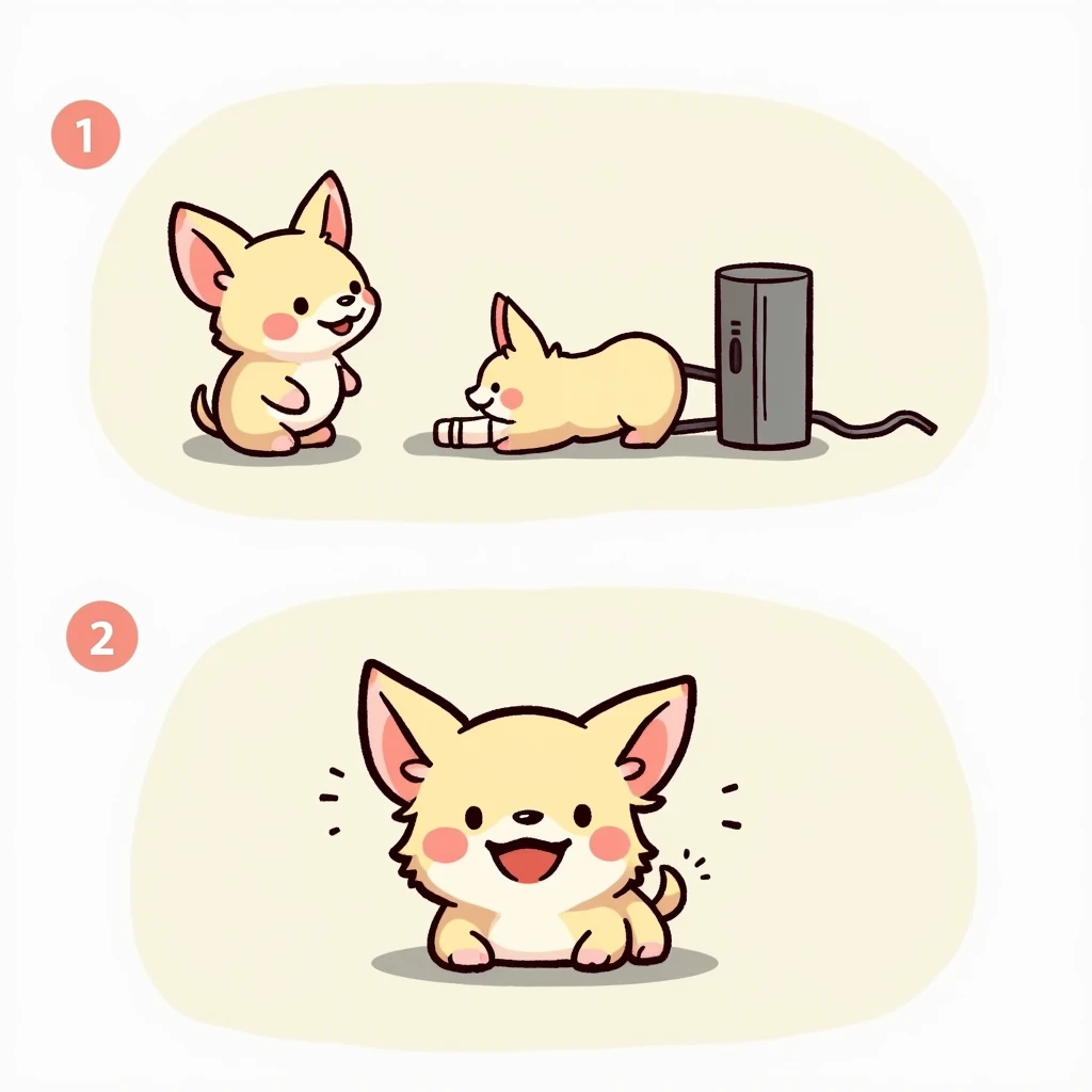 Chibi Style, 2-panel cartoon, dot halftone, Flat Color,Chihuahua undergoing electroretinogram test,Chihuahuas are cream colored,smile,