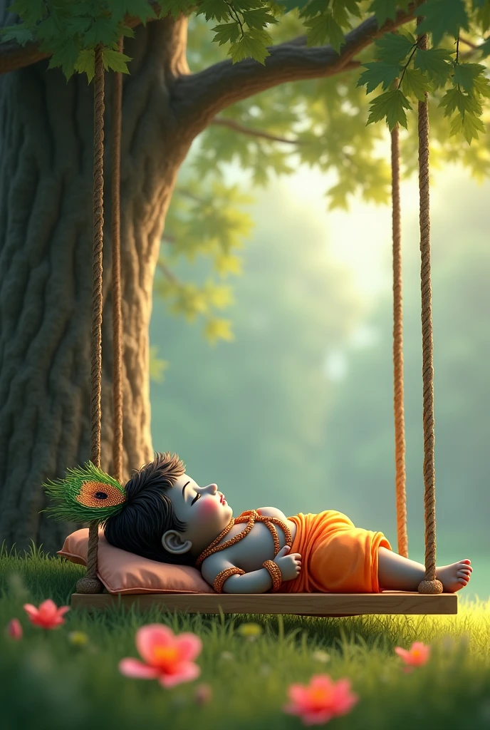 Baby Krishna, lying on swing, flower, tree, peacock feather on head