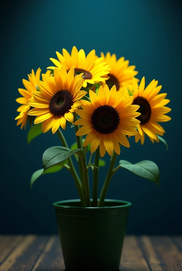 An enchanting sunflower yellow flowers , rendered in vivid detail using Unreal Engine 5. Captured in a cinematic composition from a low angle, showcasing the graceful motion blur and mesmerizing depth of field, held in a green pot, placed in a room, dark blue background, high contrast, cinematic lighting, oil painting