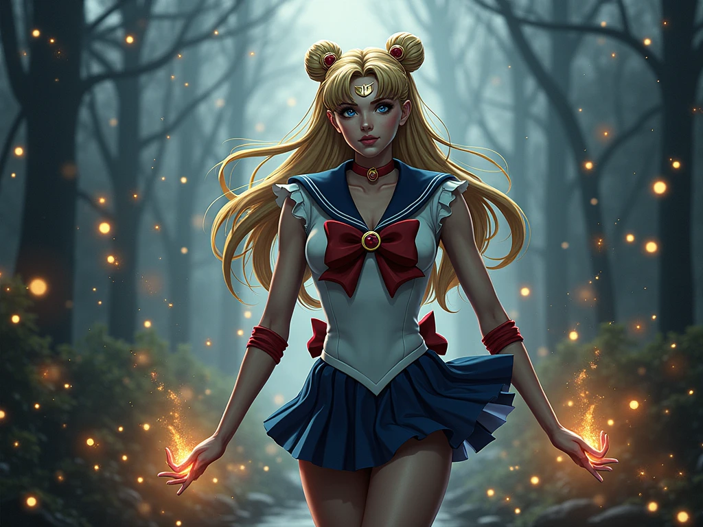 Draw Sailor Moon in her signature sailor suit, including the golden tiara, the red bow on the chest and the blue skirt. Make sure to include her long blonde hair in two pigtails with crescent moon decorations. The pose must be dynamic, as if in the middle of a magical transformation, with light effects and flashes around. The background can be a starry sky or a nighttime urban scene..