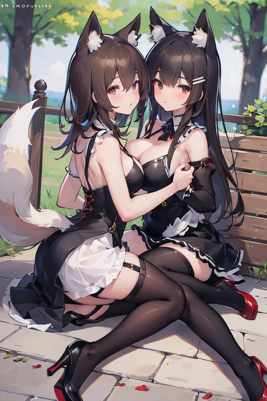 best quality, masterpiece, Ultra-high resolution, 8K, 2 girls kissing, Depth of Field, Cat ears, Brown hair, maid outfit, Battle Maid, Tactical, Harness, stocking ，Fox Girl，Huge breasts，High heel