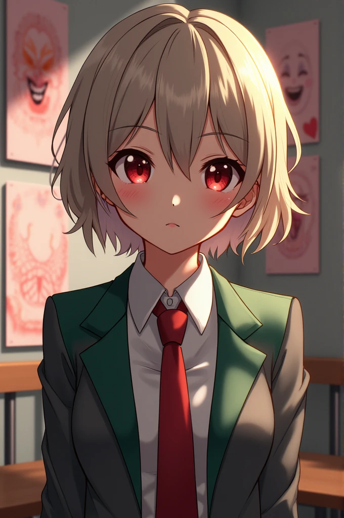 Boku no hero academia template 1 girl short ash blonde hair deep red eyes has a scar near her left eye wears a gray blazer with green shoulder pads and a red tie is in a room with blushing posters
