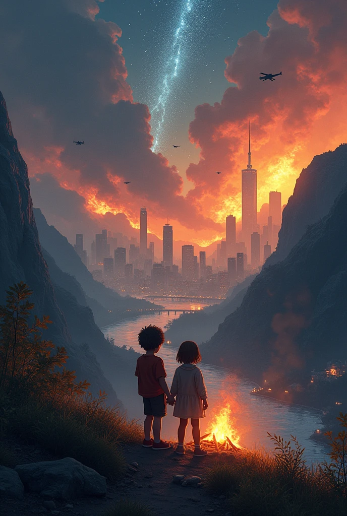 A boy and a girl on th extreme edge of mountai watching th destruction of the city below the city is burning and river is flowing mid the city , skyscraper burning ,helicopters moving, night  sky  with *meteor shower*, camp and camp fire behind , a fast flowing river. Greenary on mountain 