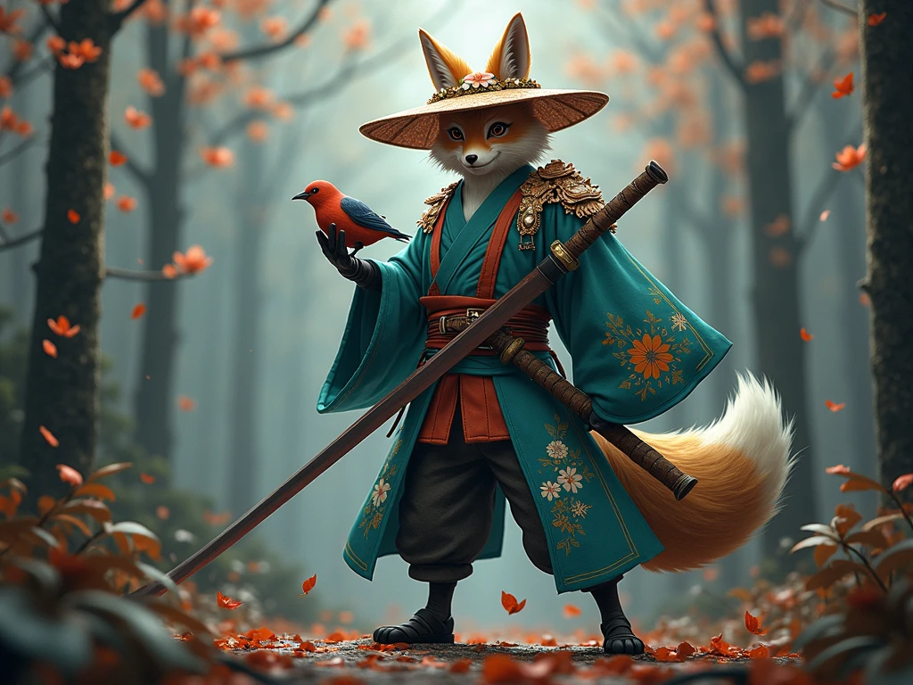 A majestic anthropomorphic fox character dressed in traditional Japanese samurai attire. The character wears a vibrant teal kimono adorned with floral patterns, a wide-brimmed straw hat decorated with flowers, and carries a wooden staff. In one hand, they hold a long sword, poised for action. The character's fur is golden, and they have large, expressive eyes, and a fluffy tail. A bird is perched on the sword, adding a touch of nature to the scene. The background is minimalistic with delicate floral designs, giving the image an elegant, historical feel
