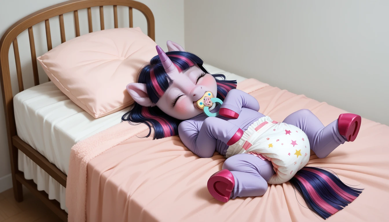 pony, purple unicorn, dark blue mane with purple streak and pink streak, the tail is dark blue with a purple strand and a pink strand, closed eyes, on the side close to the back hoof is a drawing of a pink star with six small stars around a central star, adult mare, sleeps in an adult-sized crib, dressed in an adult size bodysuit and booties, baby adult size pacifier in mouth, solo, thick diaper under clothes, pink blush on cheeks, Embarrassment, Awkwardness.